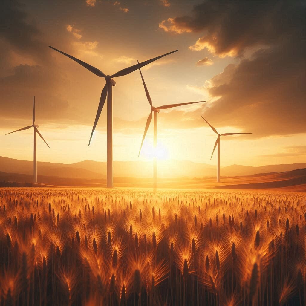 Des éoliennes au coucher du soleil, entourées de champs dorés, créant une scène paisible et naturelle.