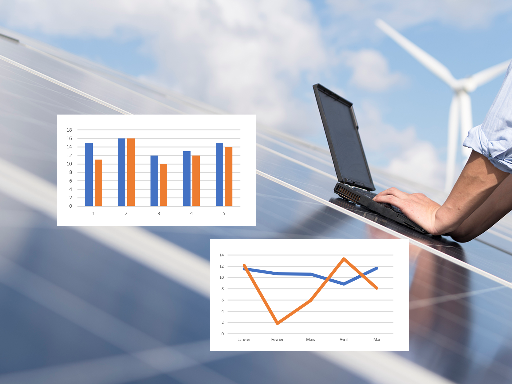 Des graphiques de données sur l'énergie solaire sont affichés sur un fond de panneaux solaires et d'éoliennes.