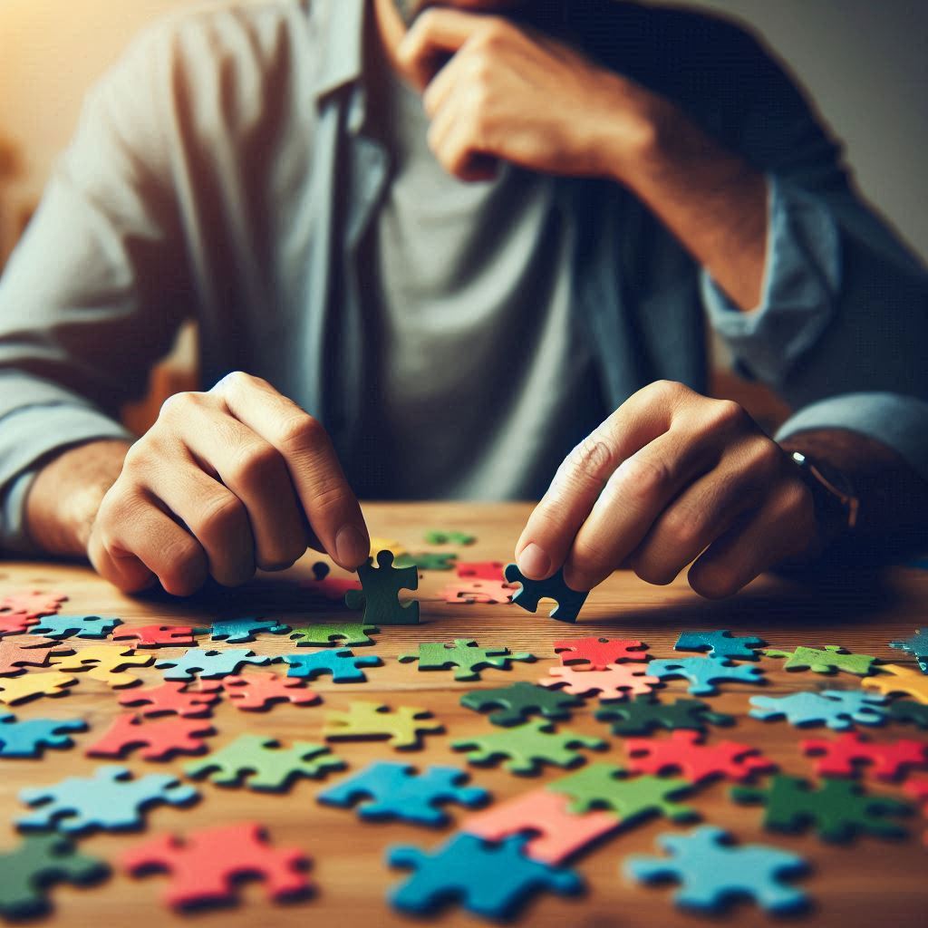 Une personne assemble des pièces de puzzle colorées sur une table en bois.